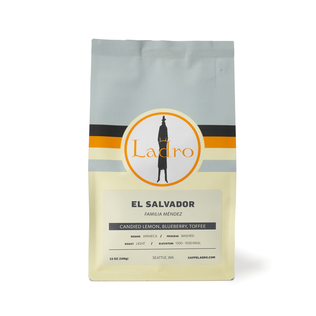 Light Blue bag with stripes, with label for coffee from El Salvador.